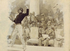 A fencer competes before the king of Greece at the 1896 Olympics