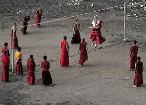 The equipment makes volleyball so accessible, even monks in the Himalayas play